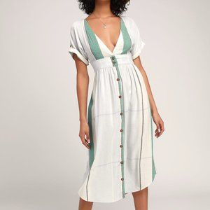 Reid Light Blue Multi Stripe Button-Up Women’s Midi Dress